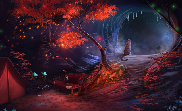 Forest tent fire hydrant painting free wallpaper - medium preview image