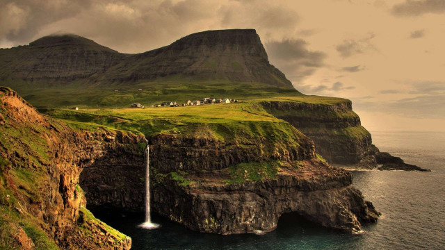 Waterfall ocean cliff grassy landscape #2 free wallpaper - medium preview image