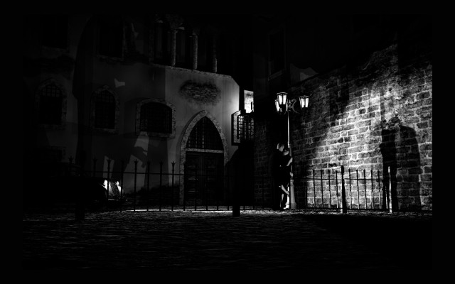 Black white building gate person free wallpaper - medium preview image