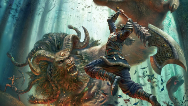 Man riding horned animal forest free wallpaper - medium preview image