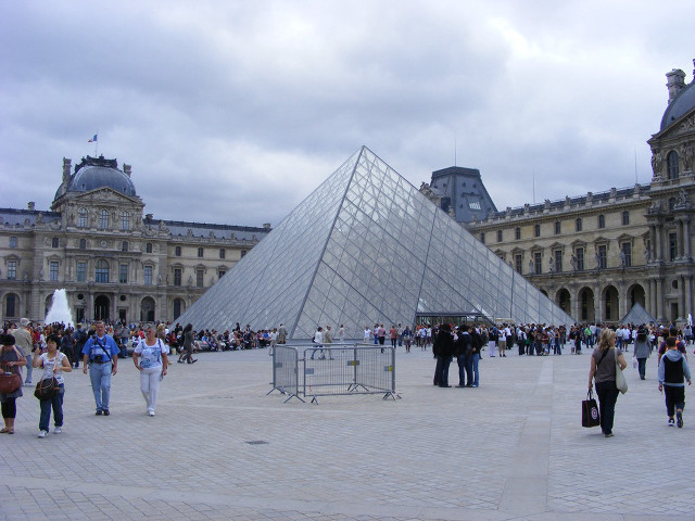 Pyramid courtyard people building cloudy free wallpaper - medium preview image
