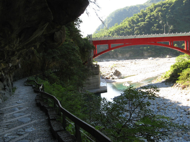 Red bridge river green hillside free wallpaper - medium preview image