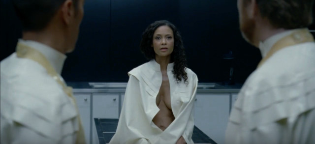 Woman white robe kitchen hologram free wallpaper - medium preview image