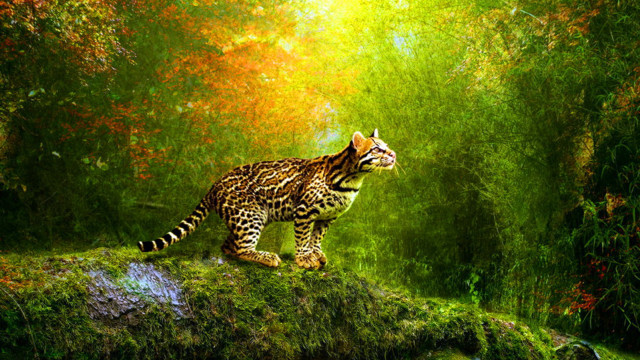 Leopard mossy rock forest trees free wallpaper - medium preview image