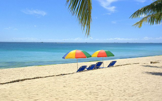 Beach chairs colorful umbrella ocean free wallpaper - medium preview image