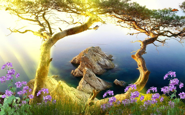 Tree water purple flowers plants free wallpaper - medium preview image