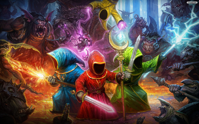 Colorful costumes swords cave fire free wallpaper - medium preview image