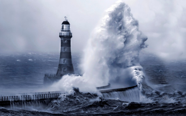 Lighthouse large wave crashing ocean #2 free wallpaper - medium preview image