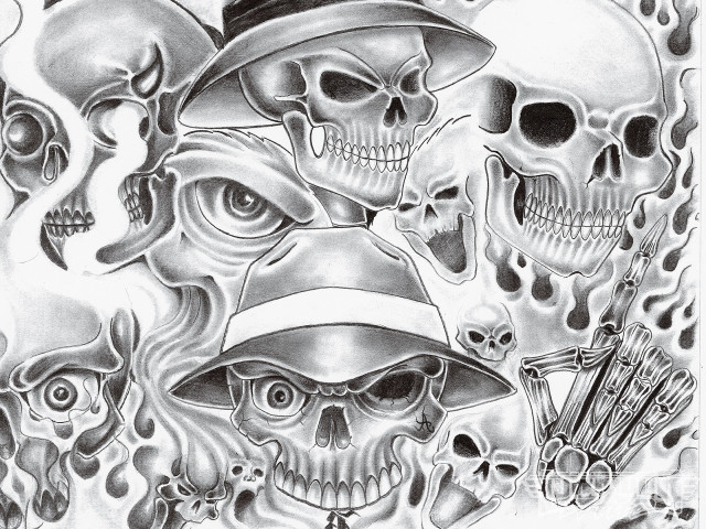 Skulls hat gun drawing artwork free wallpaper - medium preview image
