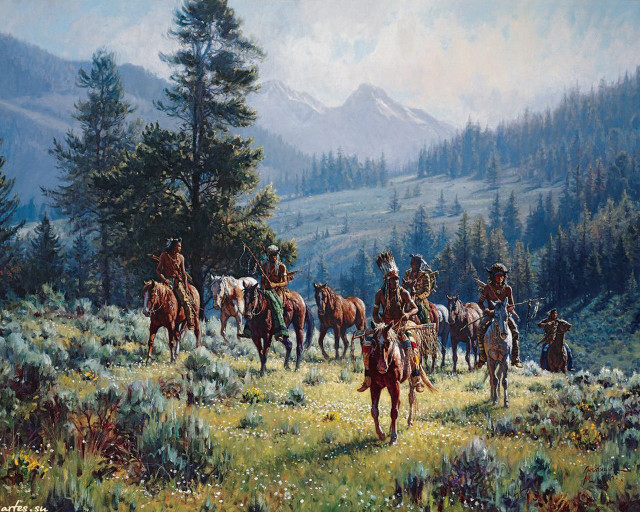 Horses riding group field mountains free wallpaper - medium preview image