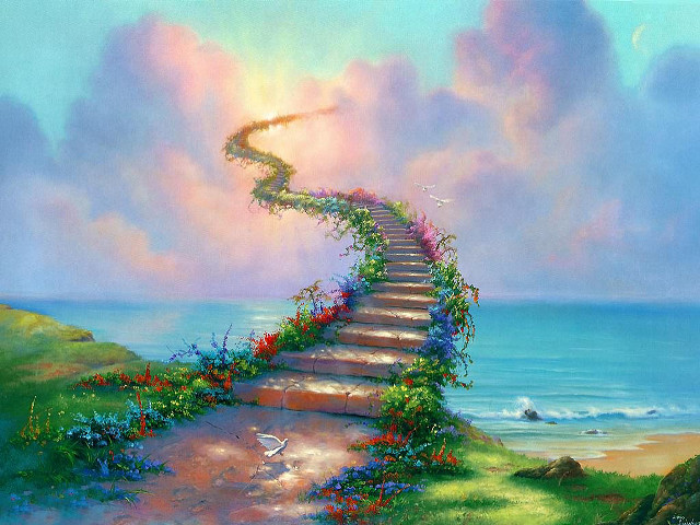 Stairway ocean flowers bird flying free wallpaper - medium preview image