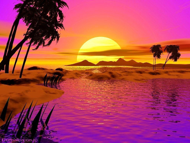 Sunset palm trees water mountain #5 free wallpaper - medium preview image