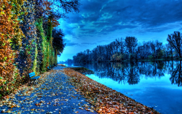 Bench water trees autumn cloudy free wallpaper - medium preview image
