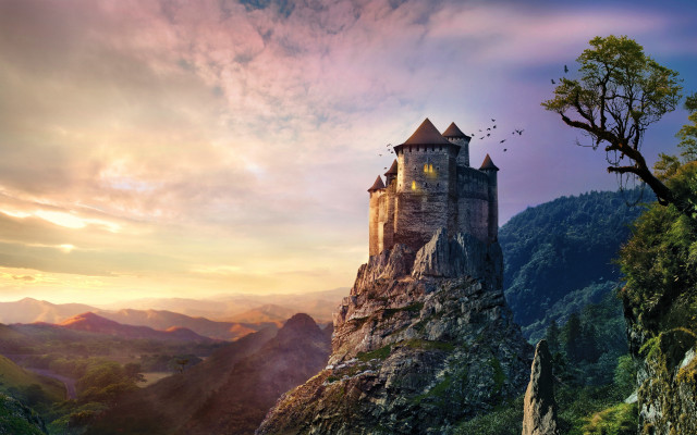 Castle mountain sunset birds flying free wallpaper - medium preview image