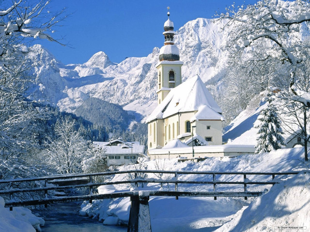 Church snowy mountain bridge forest free wallpaper - medium preview image