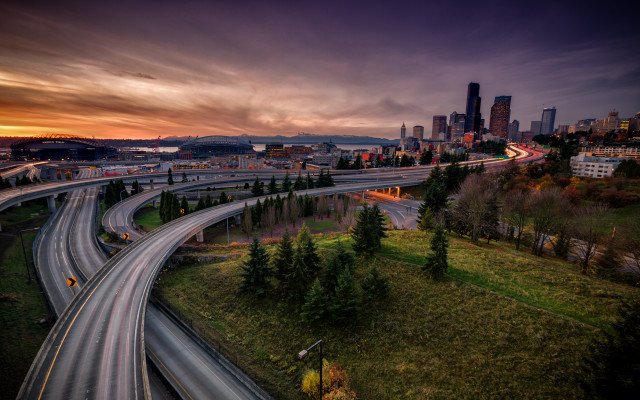 Highway city sunset dawn long free wallpaper - medium preview image