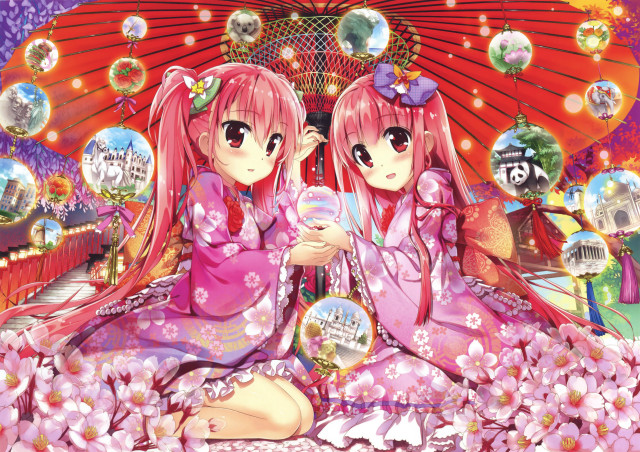 Anime girls umbrella field flowers free wallpaper - medium preview image