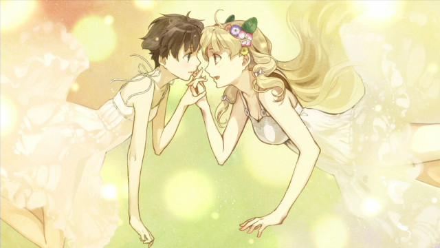 Anime kissing characters green yellow free wallpaper - medium preview image