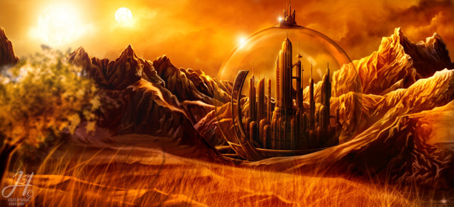 City mountains trees sun planet free wallpaper - medium preview image