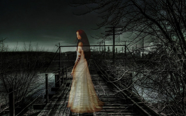 Woman white dress train track free wallpaper - medium preview image