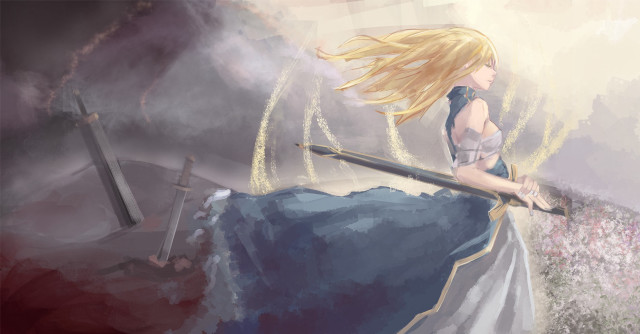 Woman sword field flowers smoke free wallpaper - medium preview image
