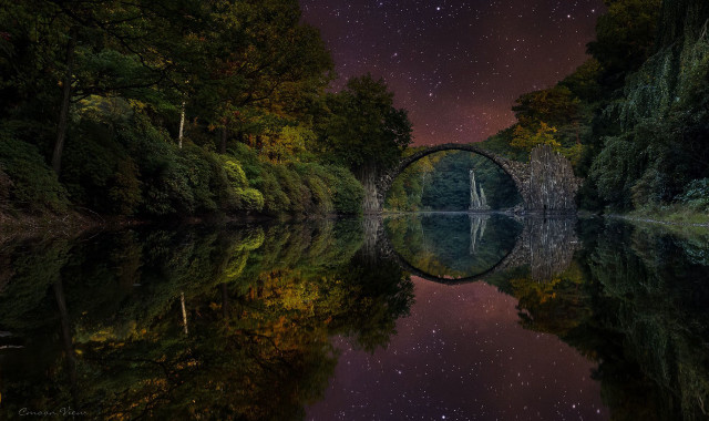 Night bridge lake stars sky free wallpaper - medium preview image