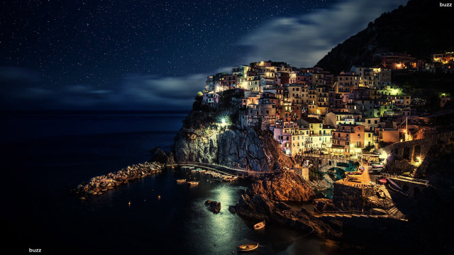 Night village cliff ocean bridge free wallpaper - medium preview image