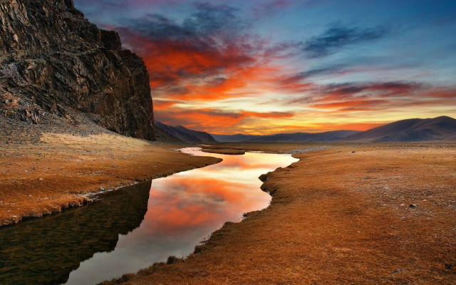 River drygrass colorfulsky mountains cityscape free wallpaper - medium preview image