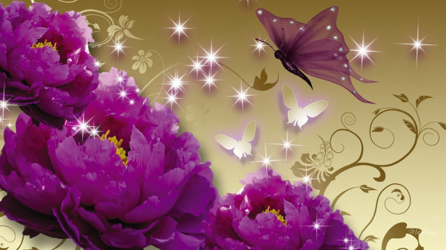 Purple flower butterfly gold background free wallpaper - medium preview image