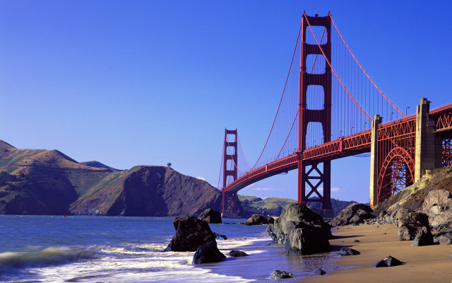 Bridge water mountain beach waves free wallpaper - medium preview image