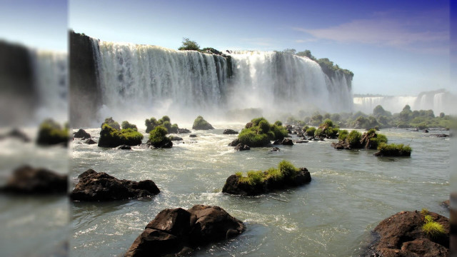 Waterfall rocks trees people standing #2 free wallpaper - medium preview image