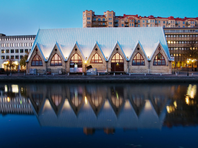 Building white roof water night free wallpaper - medium preview image