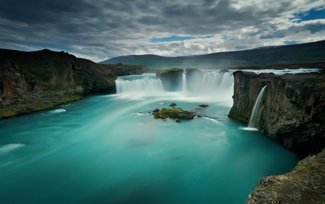 Waterfall blue water mountains clouds free wallpaper - medium preview image