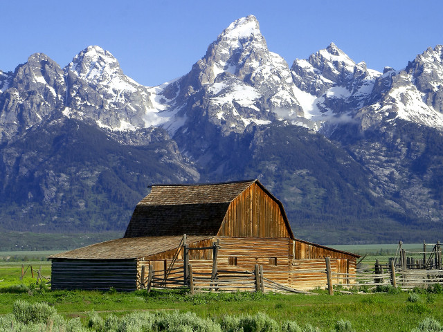Barn field mountains snow background free wallpaper - medium preview image