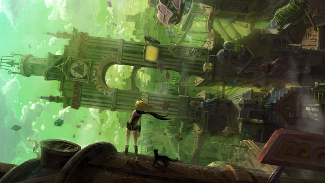 Woman cat futuristic city green free wallpaper - medium preview image