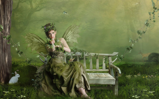 Woman green dress bench forest free wallpaper - medium preview image