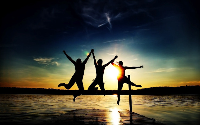 People jumping dock sunset silhouette #2 free wallpaper - medium preview image