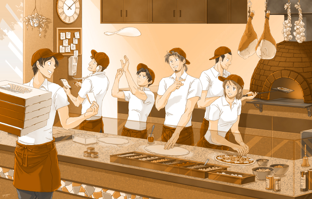 Cartoon kitchen cooking pizza group free wallpaper - medium preview image