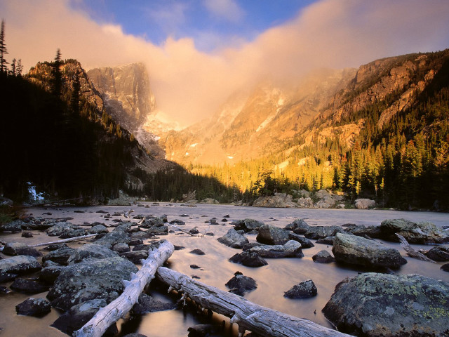 River rocks trees mountains clouds free wallpaper - medium preview image