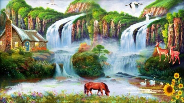 Horse grazing field waterfall thatched free wallpaper - medium preview image