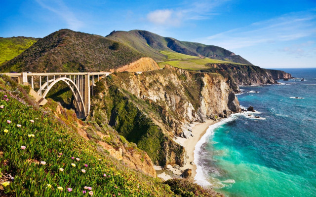 Bridge water cliff flowers scenery #2 free wallpaper for desktop - medium preview image