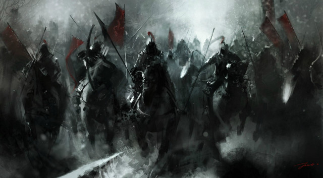 Horseback forest snow red flags free wallpaper - medium preview image