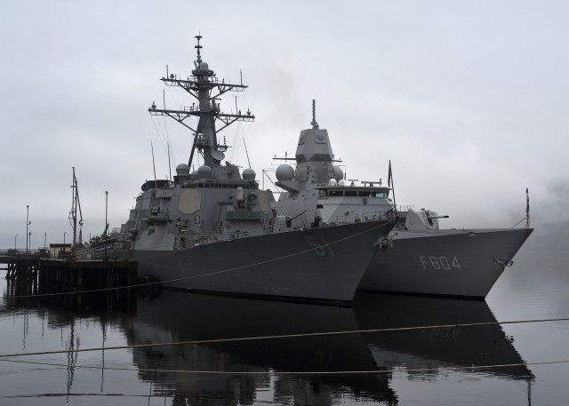 Battleship dock foggy day water free wallpaper - medium preview image