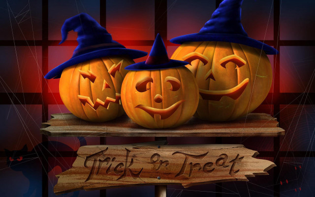 Carved pumpkins witches hats shelf free wallpaper - medium preview image