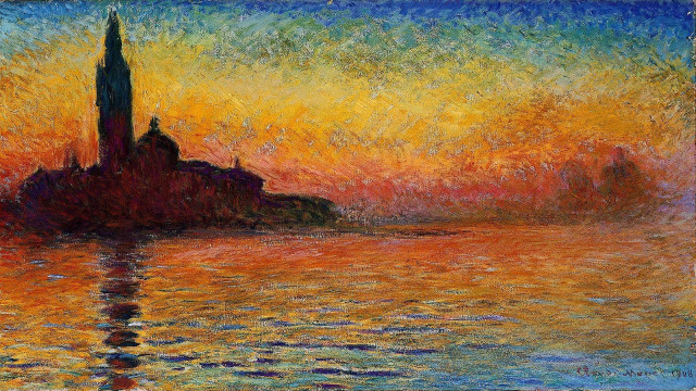 Sunset water building skyline painting free wallpaper - medium preview image