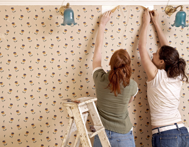 Women painting wallpaper ladder wall free wallpaper - medium preview image