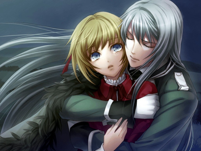 Anime hugging girls blonde blue free wallpaper - medium preview image