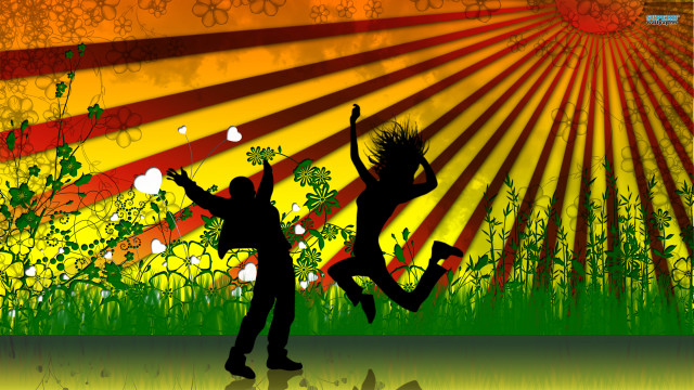 Jumping people field flowers grass free wallpaper - medium preview image