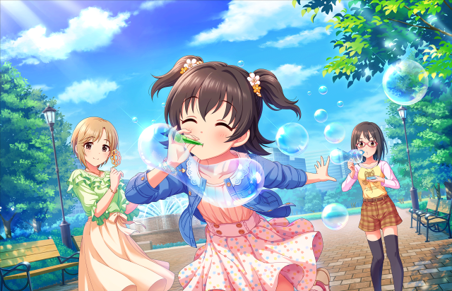 Girls bubbles park trees bench free wallpaper - medium preview image