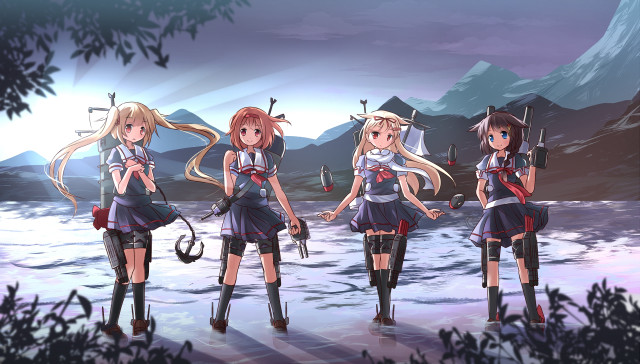 Anime girls water swords umbrellas free wallpaper - medium preview image
